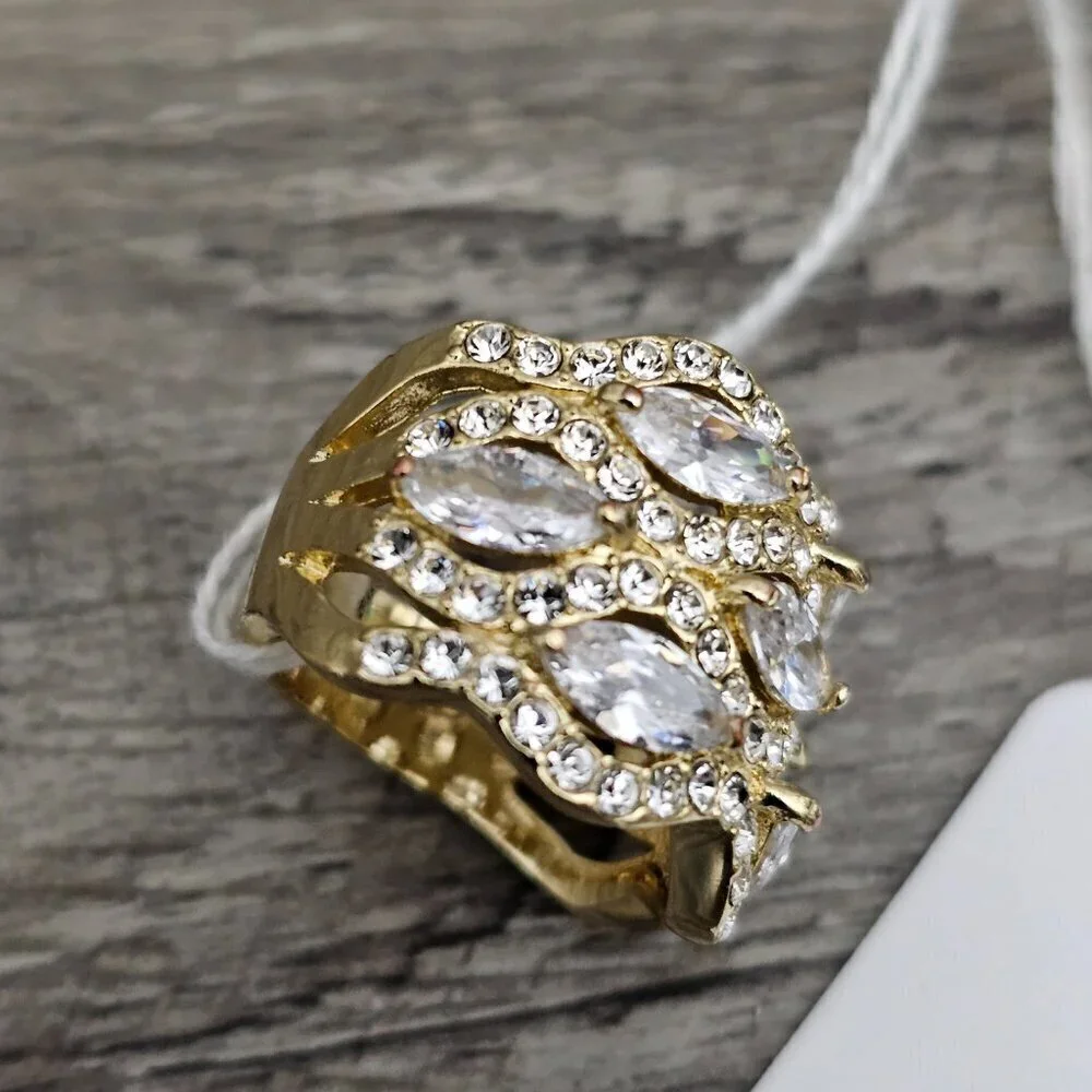 Vintage Gold Tone Multi Row CZ Diamond Cluster Chunky Wide Statement Ring
